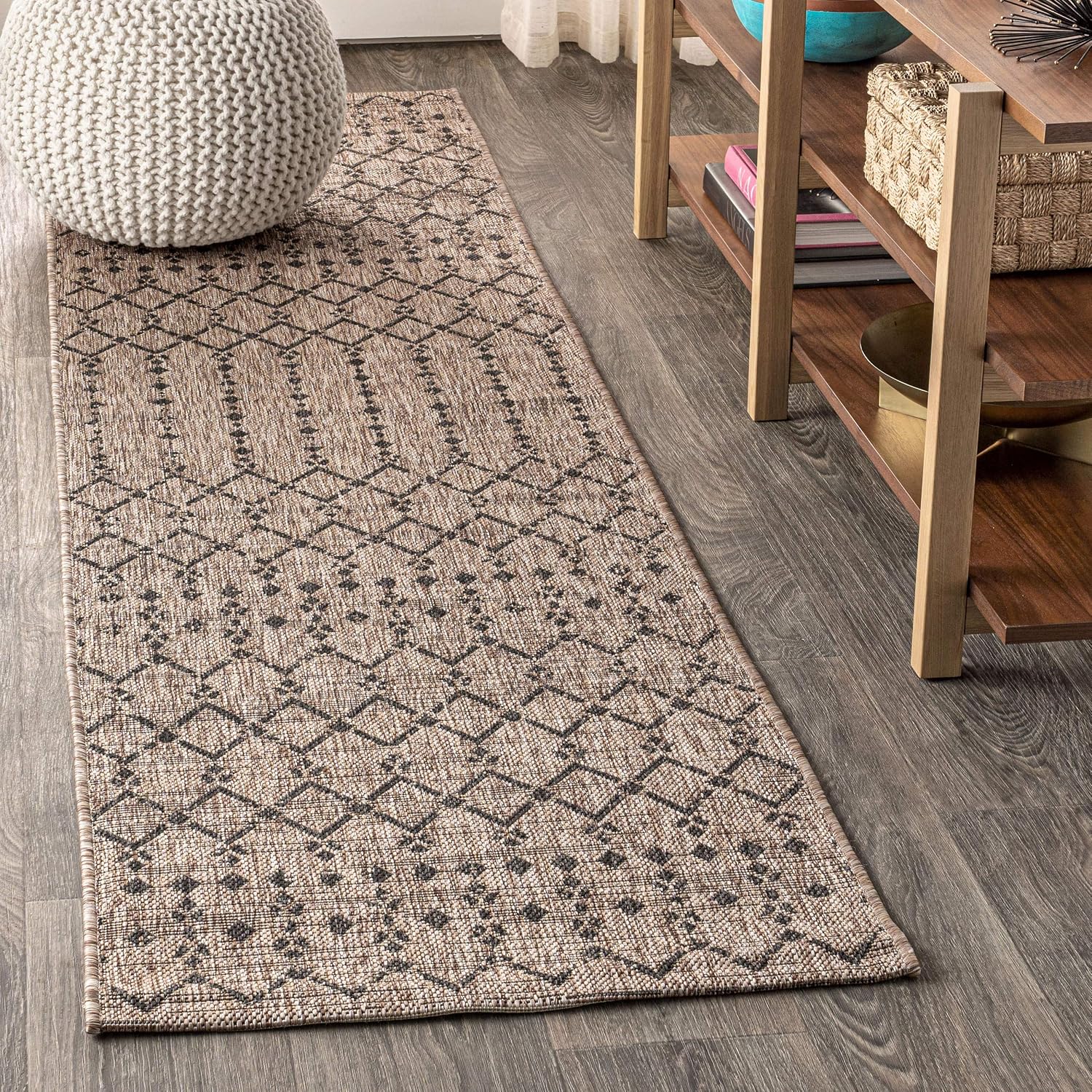 Moroccan Geometric Natural Black Outdoor Runner Rug